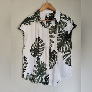 Worthington White and Green Leaf Print Button Down Shirt